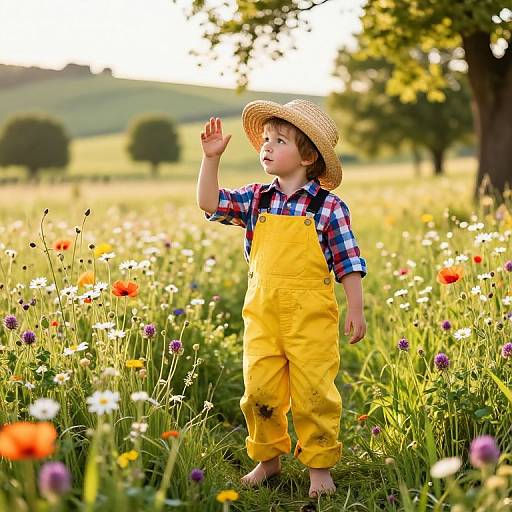 Joyful Boy in Sunny Wildflower Meadow