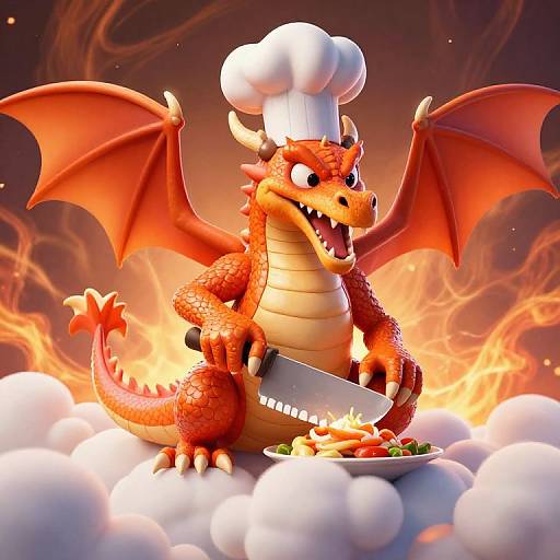 CGI dragon in chef hat, orange scales, wings, and horns, holding knife, chopping veggies on cloud, fiery background, cartoon style.