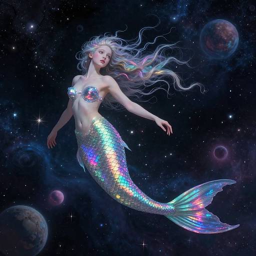 Digital art of a shimmering mermaid with long, flowing silver hair, wearing a iridescent top and scales, floating in a starry,