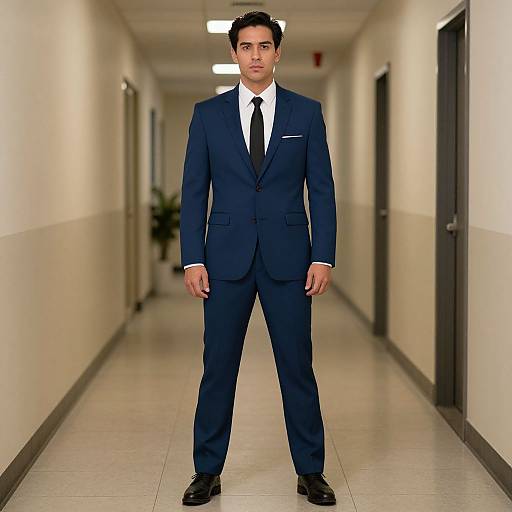 Photograph of a young, dark-haired man in a dark blue suit, white shirt, black tie, standing in a brightly lit, empty hallway.
