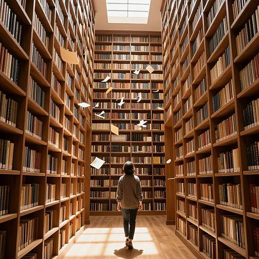 Photograph of a person in a brown jacket and jeans, standing in a brightly lit library aisle with tall wooden bookshelves on both sides, books