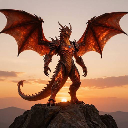 Photograph of a towering, red-orange, dragon-like creature with large wings, standing on a rocky peak at sunset, against a vibrant, orange-p