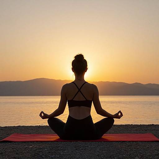 Photograph of a woman in a black sports bra and leggings, sitting in a lotus position on a red yoga mat at sunset, facing a calm