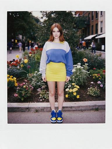 Photograph of a young woman with light skin and brown hair, wearing a blue and white sweater, yellow skirt, and blue sneakers, standing in front