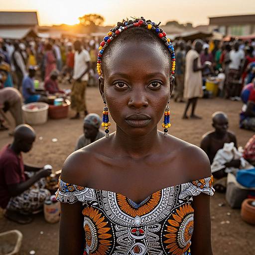 Photograph of a dark-skinned African woman with braided hair adorned with colorful beads, wearing an off-shoulder, patterned dress, standing
