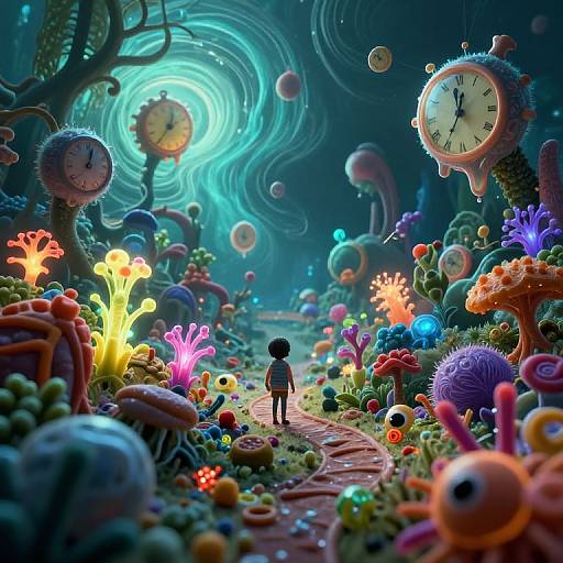 Whimsical digital art of a child in a colorful, surreal underwater garden with floating clocks, vibrant coral, and glowing lights.