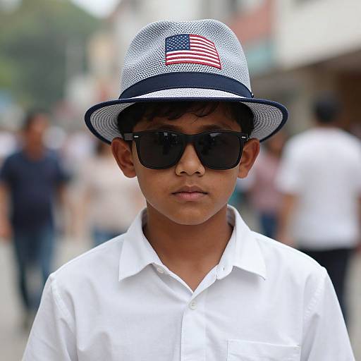 Photograph of a young boy with tan skin, black sunglasses, white shirt, and white fedora with an American flag emblem, standing in a blurred