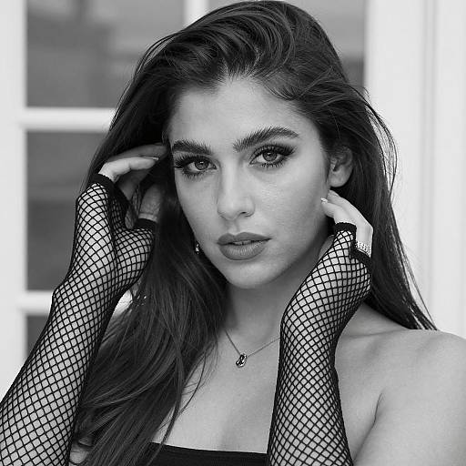 Black and White Portrait of Woman with Fishnet Gloves