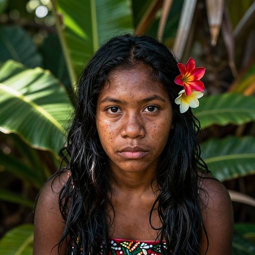 Photograph of a young Indigenous woman with dark skin, long black wet hair, and a red and yellow flower in her hair, standing against a lush