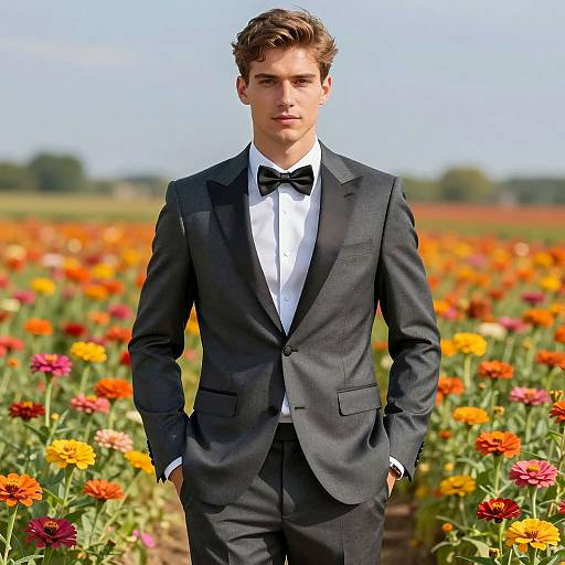 Young Man in Dark Gray Suit in Flower Field