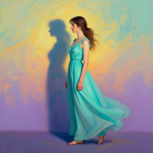 Photograph of a fair-skinned woman with long brown hair, wearing a flowing turquoise dress, barefoot, casting a shadow on a colorful, abstract