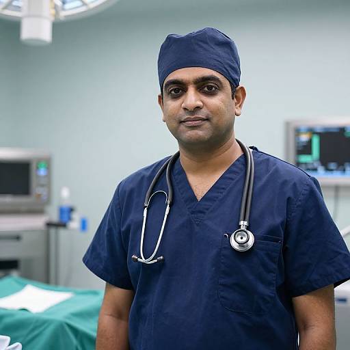 Photograph of a South Asian male doctor with medium skin tone, wearing dark blue scrubs, surgical cap, and stethoscope, standing in a