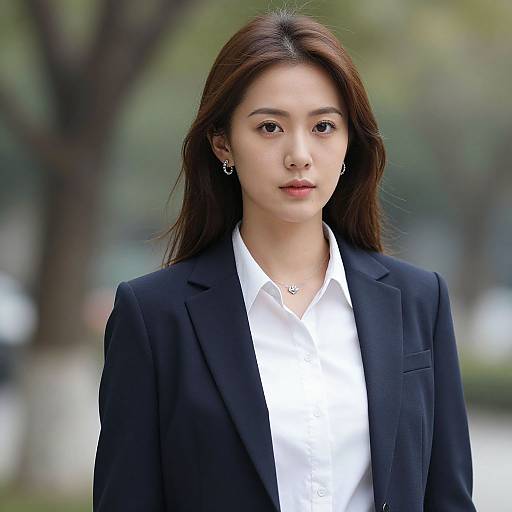 Photograph of an Asian woman with long brown hair, wearing a black blazer and white shirt, standing outdoors with a blurred green and brown background.