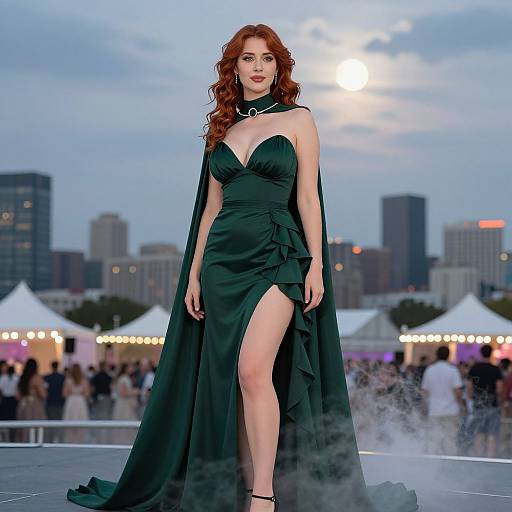 Photograph of a red-headed woman in a dark green, strapless gown with a high slit, standing on an outdoor rooftop at dusk, city skyline