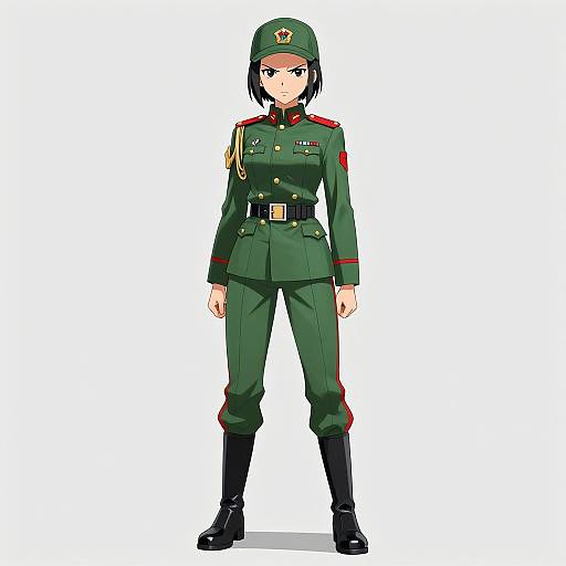 Digital anime-style drawing of a stern-looking female soldier in a green military uniform with red accents, black boots, and a matching cap, standing against a