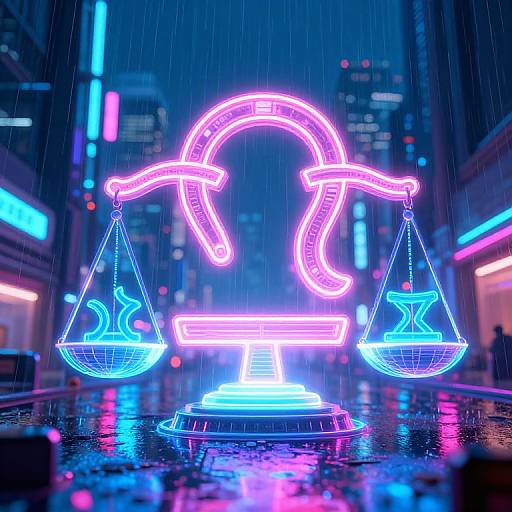Neon-lit balance scale sculpture on rainy city street, glowing pink and blue in futuristic, rain-soaked, cyberpunk-style urban setting.