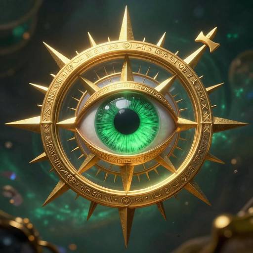 Digital art of a glowing green eye with intricate gold spikes and cryptic text surrounding it, set against a cosmic, starry background.