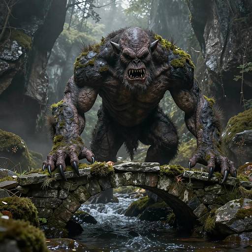 CGI fantasy image of a muscular, horned, snarling werewolf with dark fur, crouching on a mossy, stone bridge