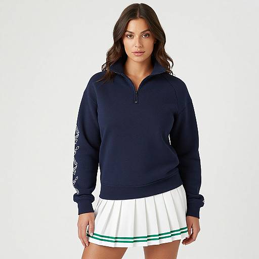 Photograph of a woman with long dark hair, wearing a navy hoodie and a white pleated skirt with green stripes, standing against a plain white background