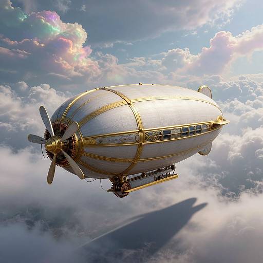 Photorealistic CGI of a luxurious, silver and gold airship with four propellers, soaring through a bright, cloudy sky.