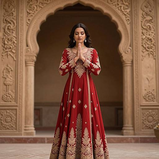 Serene Woman in Embroidered Red Gown