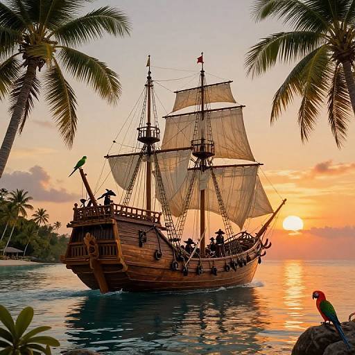Photograph of a wooden pirate ship with billowing sails at sunset, surrounded by palm trees, and a colorful parrot perched on a rock in