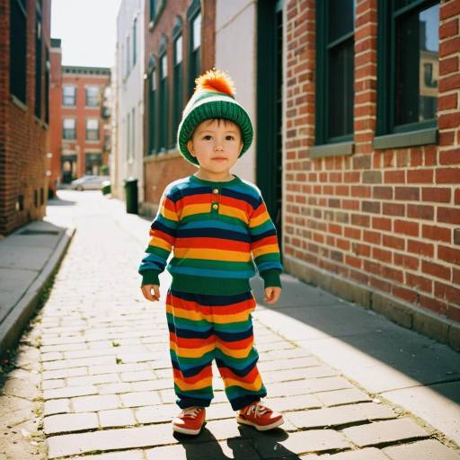 Child in Colorful Striped Outfit on Urban Street