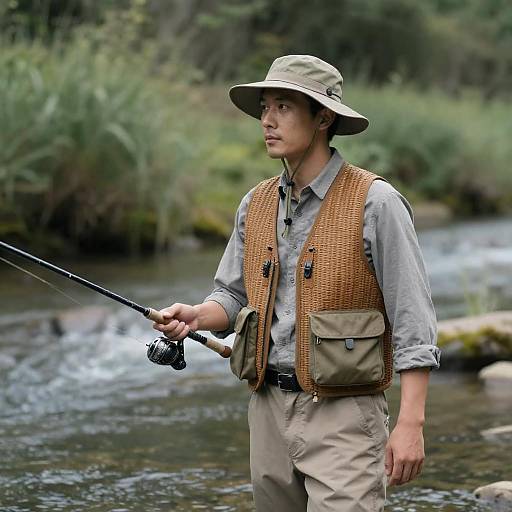 Focused Man Fly Fishing by River