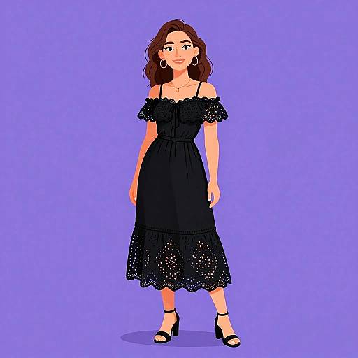 Digital illustration of a smiling woman with wavy brown hair, wearing an off-shoulder black lace dress and black high heels, against a solid purple
