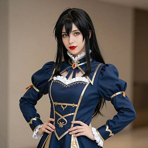 Photograph of a fair-skinned woman with long black hair, wearing a detailed navy blue gothic lolita dress with gold trim and white lace,