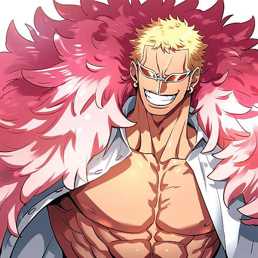 Illustration of Donquixote doflamingo, one piece in the style of Caffein