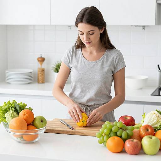 Photograph of a fair-skinned brunette woman in gray shirt, slicing yellow bell pepper on wooden cutting board in bright, white kitchen. Fresh fruit and