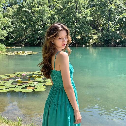 Photograph of a young woman with long brown hair in a teal sundress, standing by a serene, lily-pad-covered lake, surrounded by lush