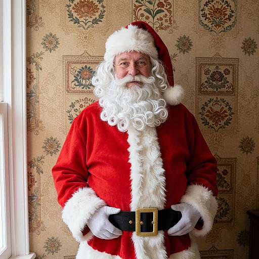 Photograph of a Santa Claus figure with white beard, red suit, white fur trim, black belt, standing in a vintage-patterned room.