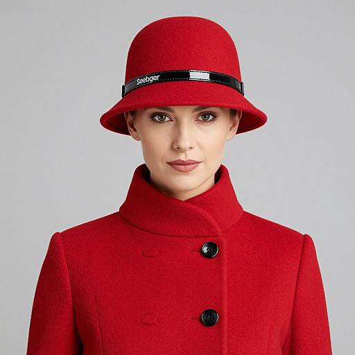 Photograph of a fair-skinned woman with brown eyes, wearing a bright red hat and matching coat, black buttons, and black band.