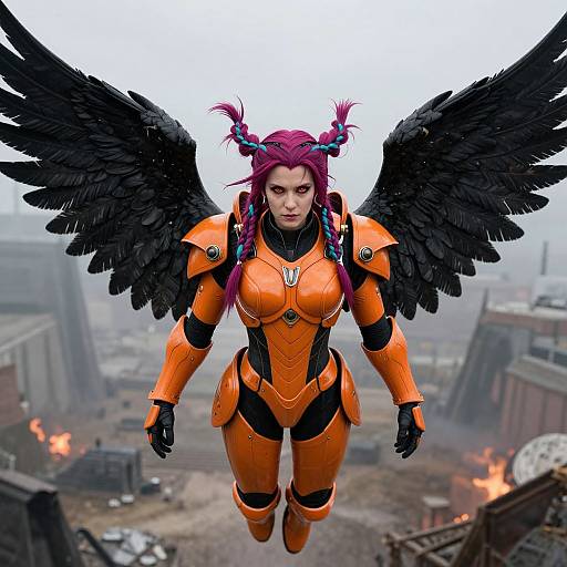 Digital artwork of a purple-haired woman with black wings, wearing an orange and black armored suit, flying over a post-apocalyptic cityscape with fires and