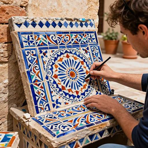 Photograph of a man with curly brown hair painting intricate blue, white, and orange tile patterns on a wall. Potted plants in background.