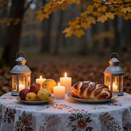 Autumnal outdoor picnic table with lanterns, lit candles, assorted apples, and a glazed croissant on a floral tablecloth. Yellow leaves in