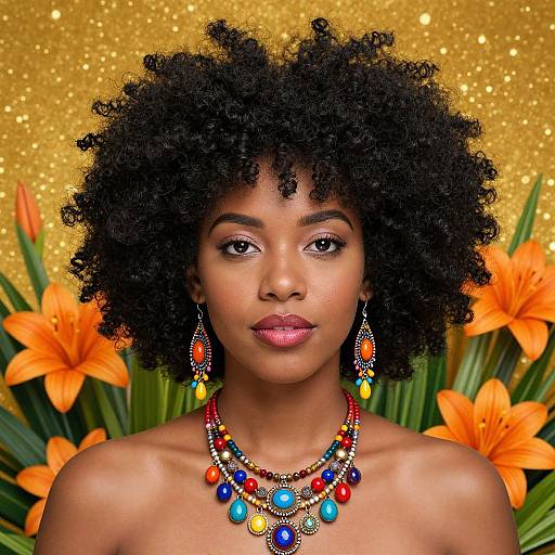 Photograph of a beautiful Black woman with natural curly hair, wearing colorful beaded necklace and earrings, against a golden glittery background with orange lilies