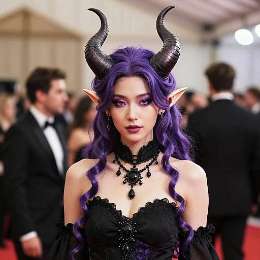 Photograph of an Asian woman with purple hair, black horns, pointed elf ears, and black lace dress, standing in a blurred, elegant, red
