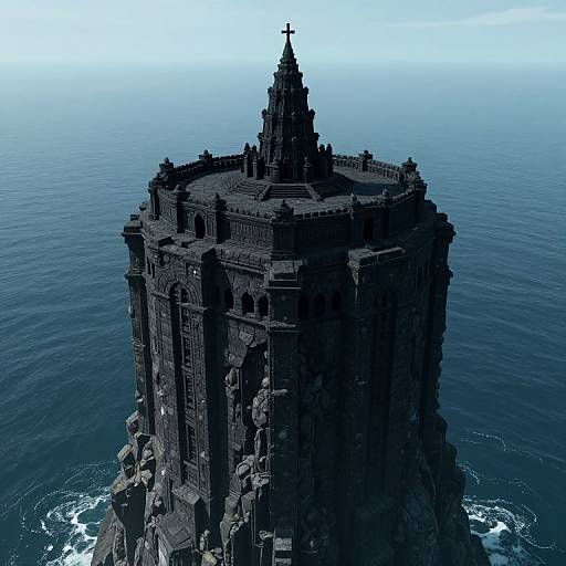 Digital art of a dark, gothic-style castle island with a cross-topped spire, surrounded by deep blue ocean under a cloudy sky.