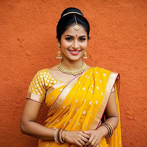 Indian Woman in Yellow Saree and Gold Jewelry