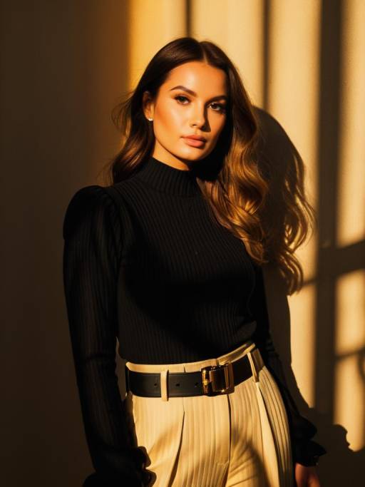 Woman in Black Sheer Sweater and Cream Trousers