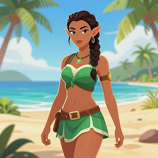 Digital illustration of a tan-skinned, dark-haired elf woman with pointed ears, wearing a green bikini top and skirt, standing on a sunny tropical beach