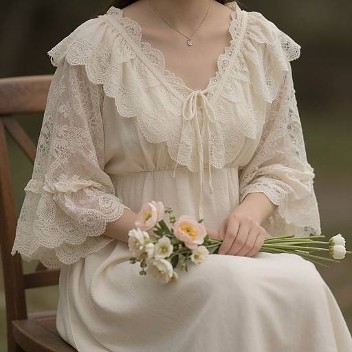 Photograph of a woman in an off-white lace dress, holding a small bouquet of white and pink flowers, seated outdoors.