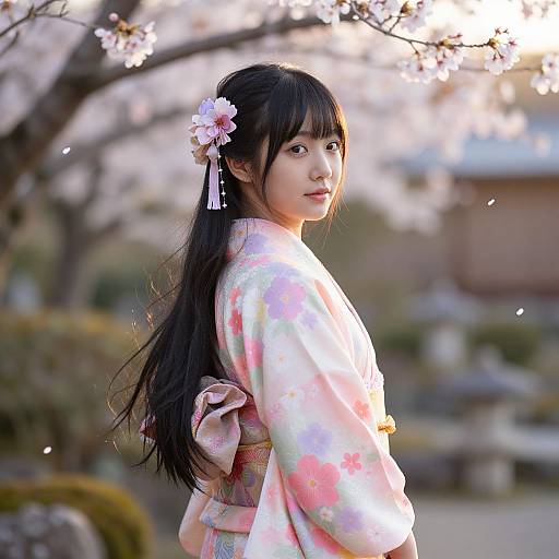 Elegant Asian Girl in Floral Kimono