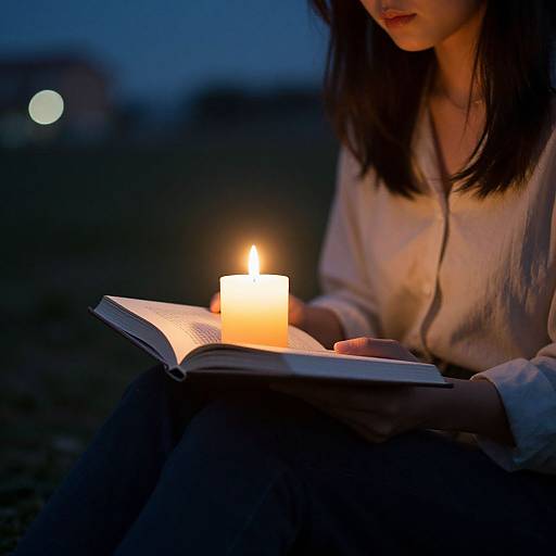 Photograph of a young woman with long dark hair, wearing a white blouse, reading an open book illuminated by a glowing candle at dusk.