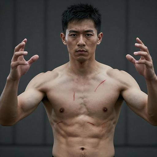 Muscular East Asian Man with Scratches and Intense Expression