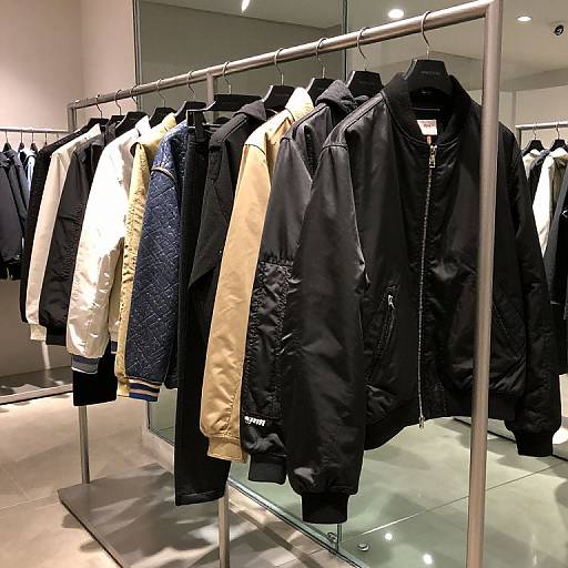 Photograph of a modern clothing store display with black, white, navy, and beige jackets hanging on a metal rack in front of mirrored walls.
