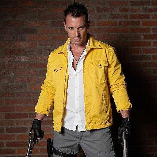 Photograph of a muscular man with short spiked hair, wearing a bright yellow jacket, white shirt, gray pants, black gloves, and holding a gun